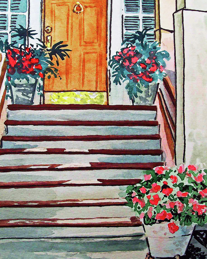 Stairs To The Cozy House Golden Door And Flower Pots Front Porch Watercolor  Painting by Irina Sztukowski