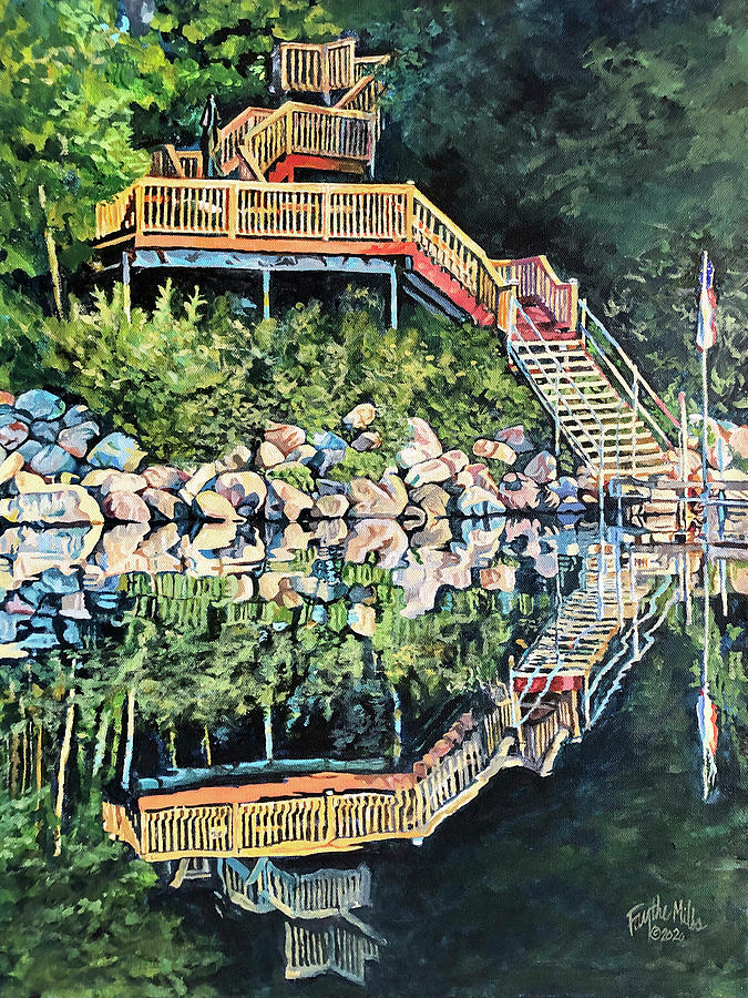 Lake Painting - Stairway Reflections by Faythe Mills