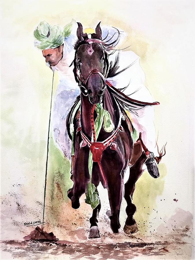 Stallion in green scarf. Painting by Khalid Saeed