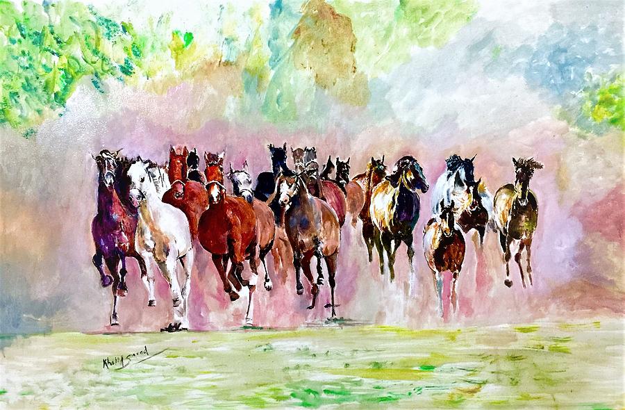 Stallions on move. Painting by Khalid Saeed