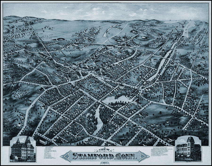 Color art map of Stamford, Connecticut, UnitedStates in blues and oranges.  The color gradations in Stamford map follow a random pattern Stock Vector  Image & Art - Alamy