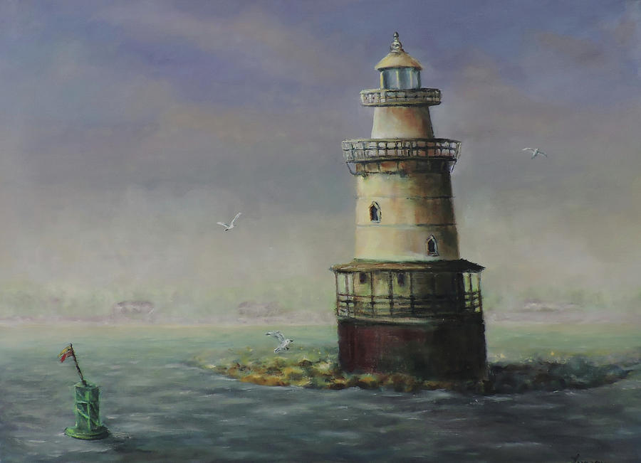 Stamford Harbor Ledge Lighthouse Painting by Katalin Luczay