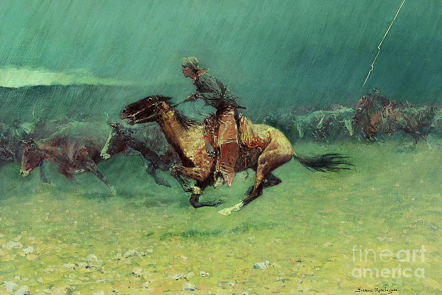 Stampede by Lightning, digitally enhanced, Frederic Remington Painting by Thomas Pollart