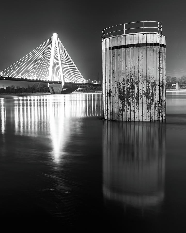 Stan Musial Memorial Bridge Along The Mississippi - Black and White Photograph by Gregory Ballos