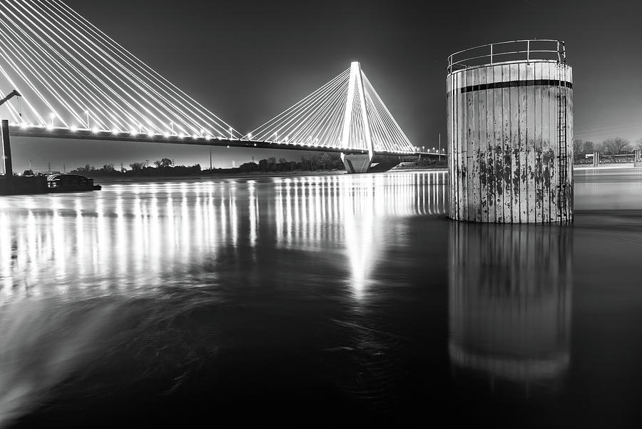 Stan Musial Veterans Memorial Bridge at Night - St. Louis Missouri Black and White Photograph by Gregory Ballos
