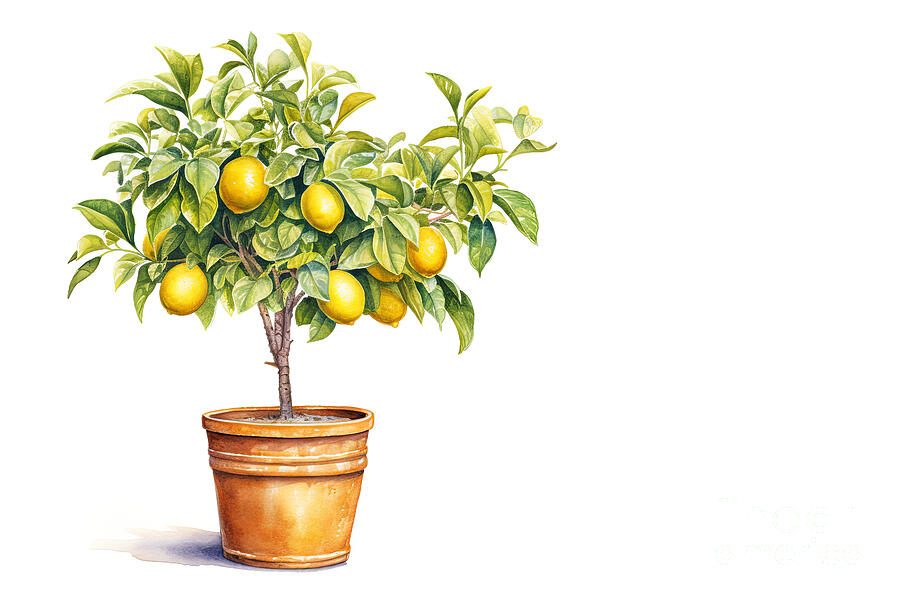 Standard lemon tree in a terracotta pot. Digital watercolour on white background Digital Art by Jane Rix
