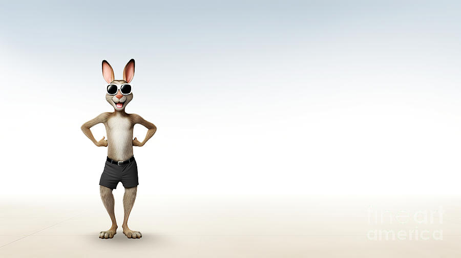 Standing gray rabbit in sunglasses against isolated background. Digital Art by Odon Czintos