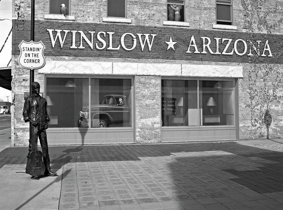 Standing on the corner in Winslow Arizona BW Photograph by Bob Pardue