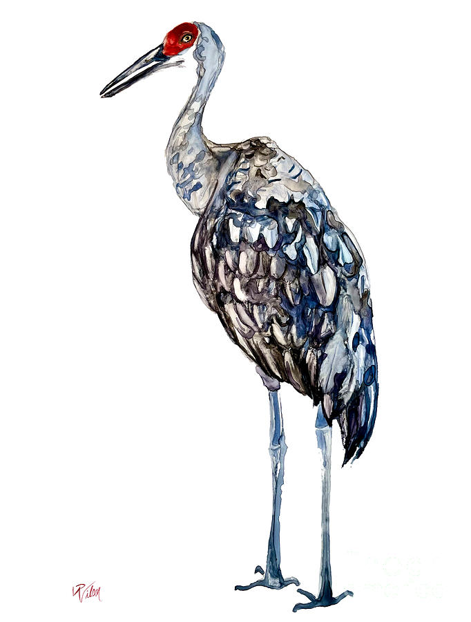 Bird Painting - Standing Solo Noble Guardian Sandhill Crane Series by D Renee Wilson