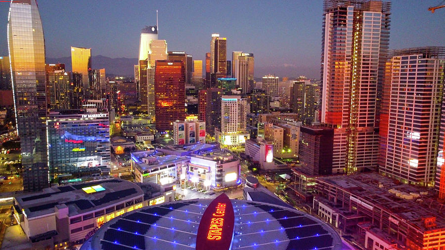 Staples Center And Downtown Los Angeles Glowing Photograph