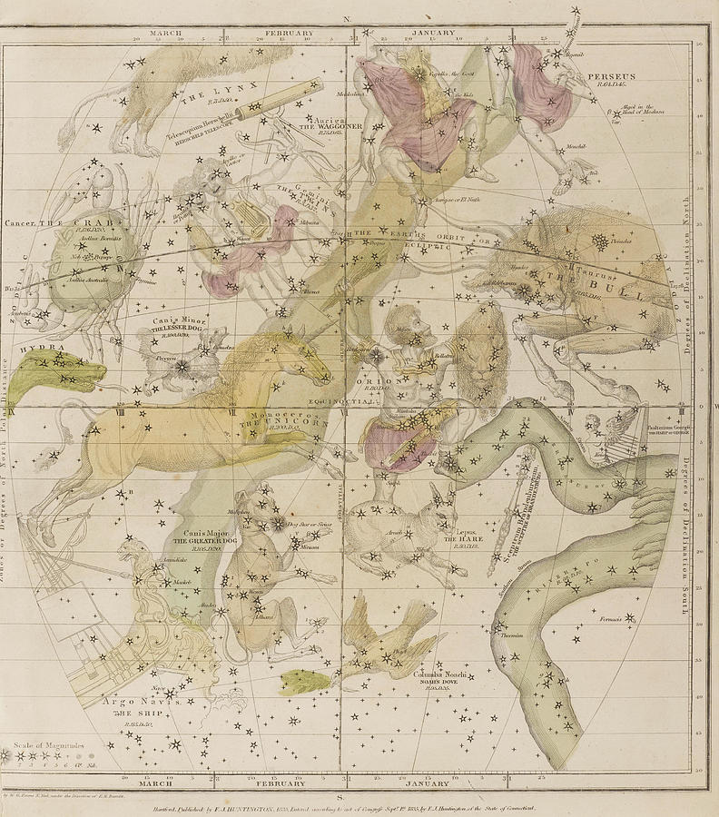 STAR CHARTS. Hartford F.J. Huntington, 1835. Drawing by Timeless Geo ...