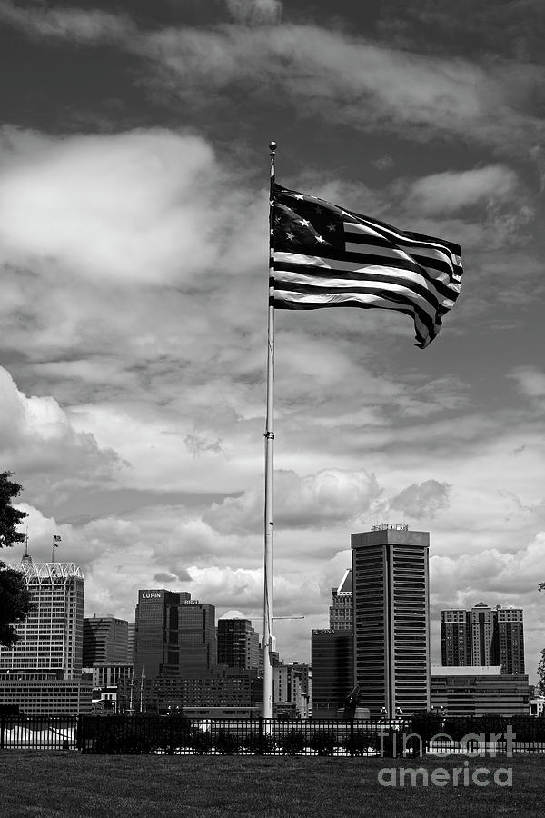 Star Spangled Banner and Baltimore skyline black and white Photograph by James Brunker