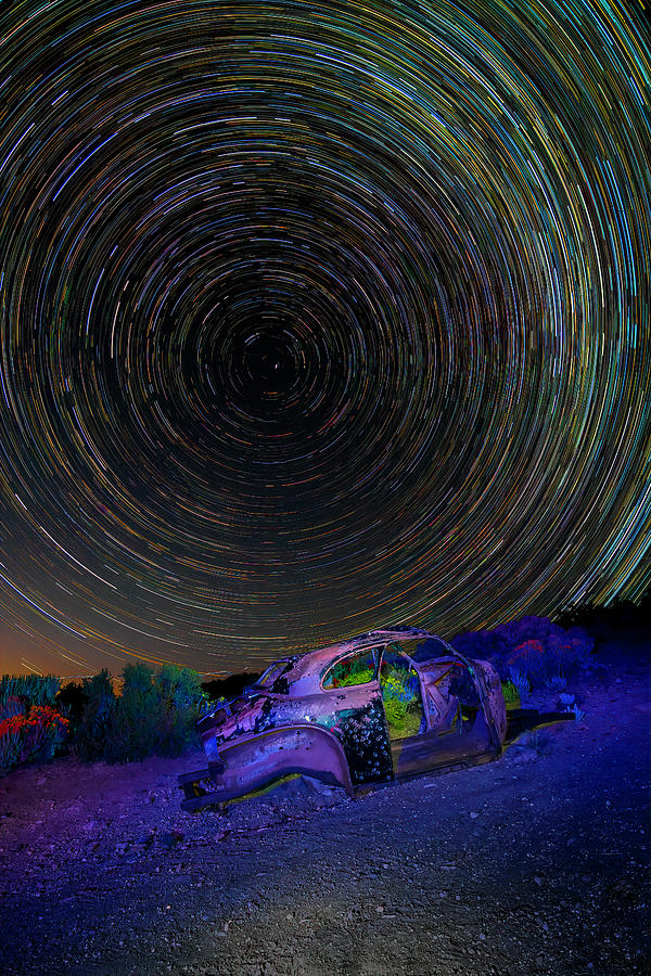 Star Trails Over Abandoned Car Photograph by Lindsay Thomson
