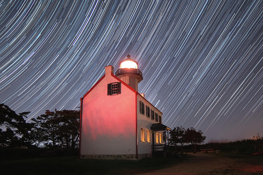 Lighthouse Photograph - Star Trails Over East Point Light by Kristia Adams