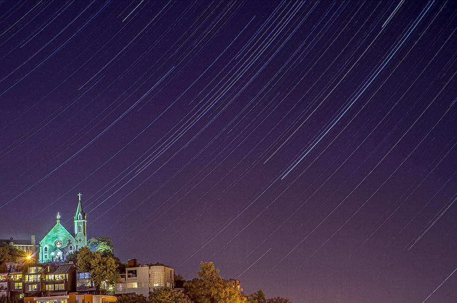 Star Trails Over Mt. Adams Holy Cross Immaculata Church Cincinnati Ohio Photograph by Dave Morgan