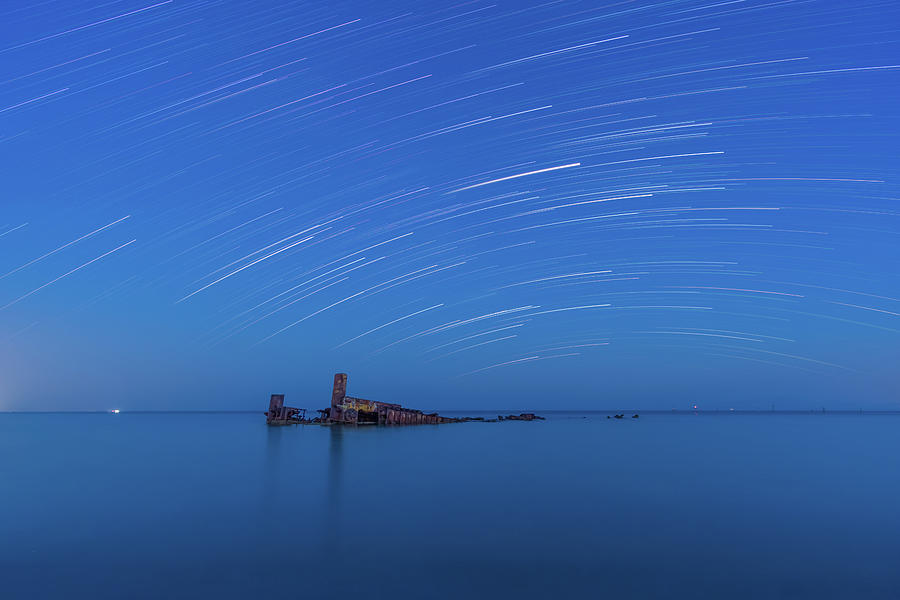 Star Trails over the Shipwreck of Epanomi in Greece Photograph by Alexios Ntounas