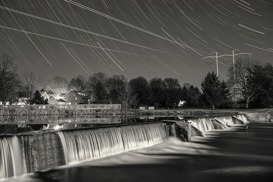 Star Trails Over Wehrs Dam Black and White Photograph by Jason Fink