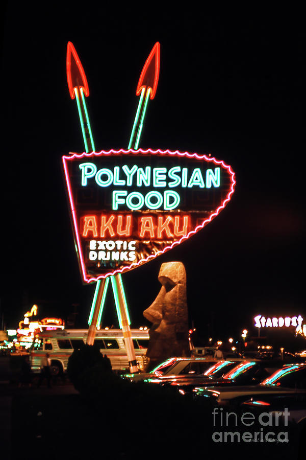 Stardust Casino Aku Aku Polynesian Food Neon Sign at night Photograph by Aloha Art