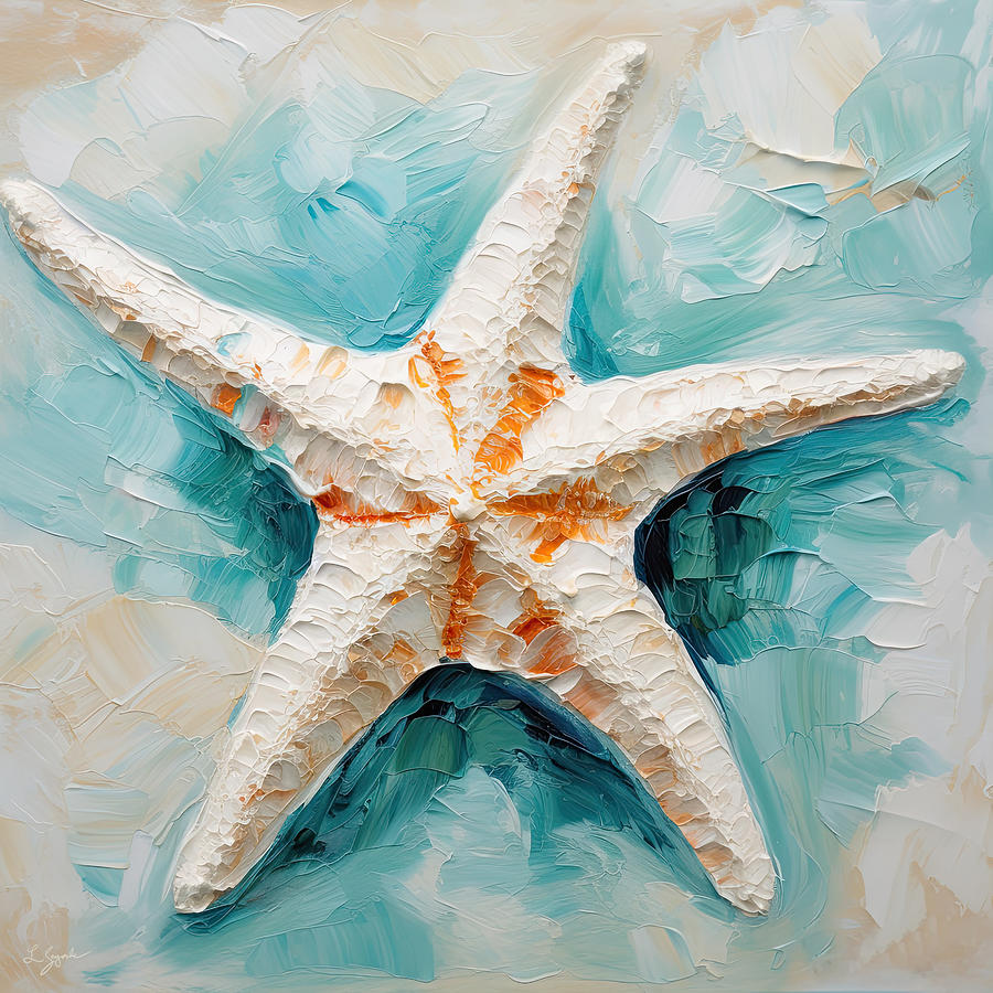 Starfish Serenade - Teal and Orange Art Painting by Lourry Legarde