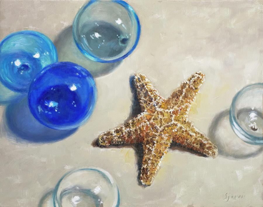 Ocean Painting - Starfish With Glass Orbs by Susan N Jarvis