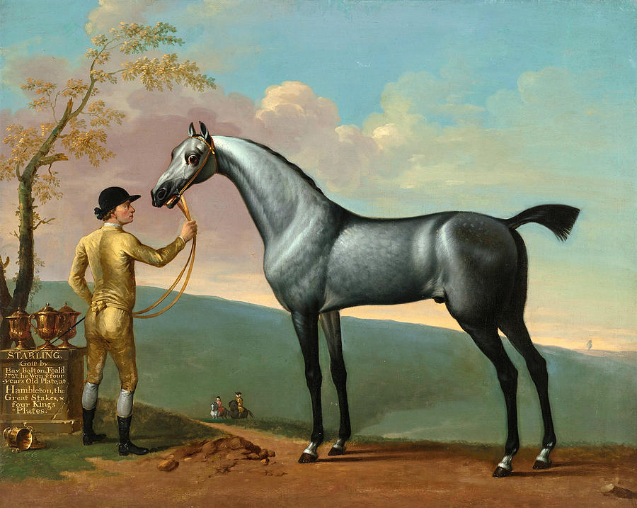 Starling, a Grey Racehorse, by Bay Bolton, Held by a Groom, in a Landscape Painting by Thomas Spencer