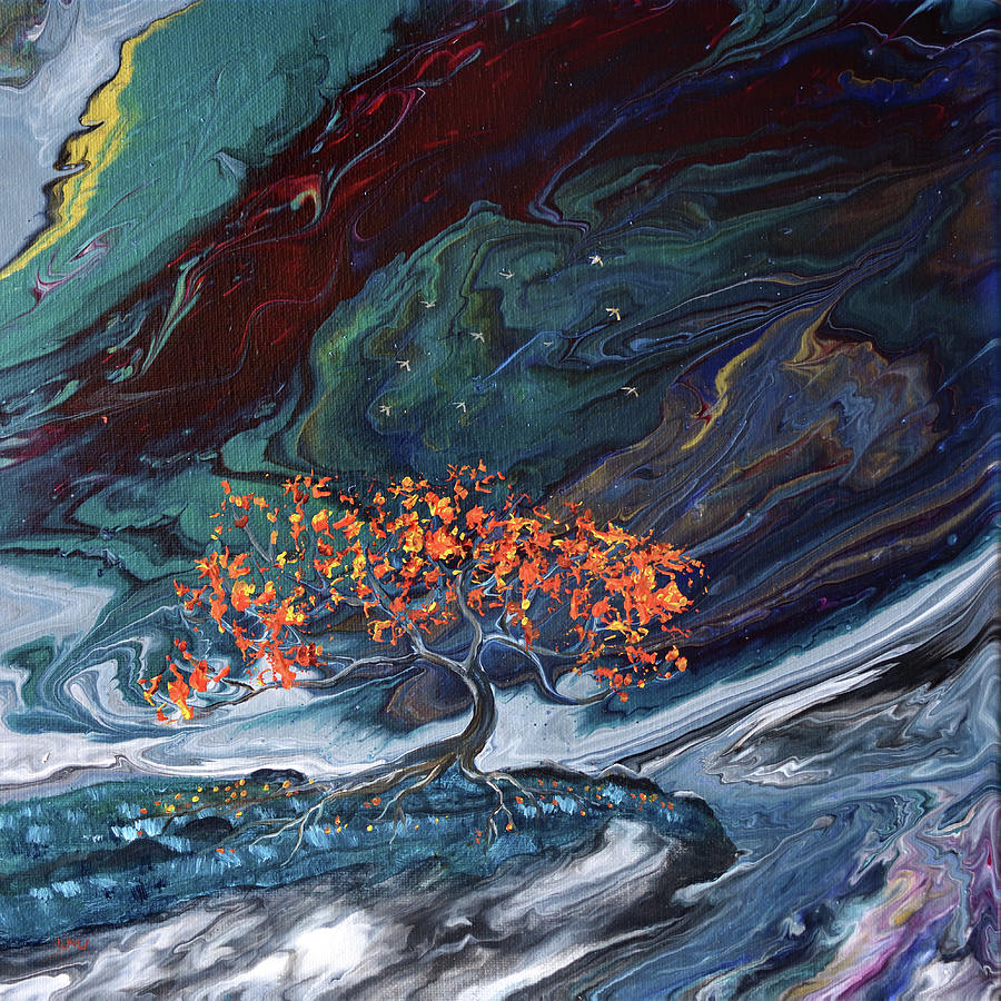 Starlings Flying from a Fiery Tree Painting by Laura Iverson