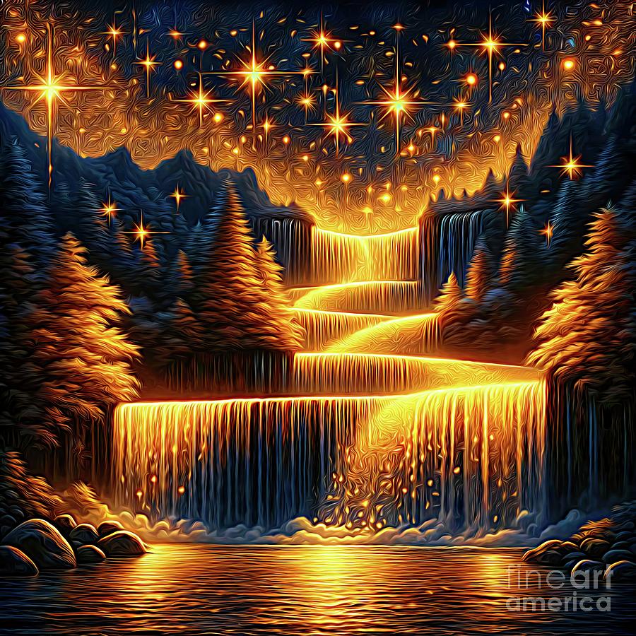 Starlit Waterfall At Midnight Expressionist Effect Digital Art