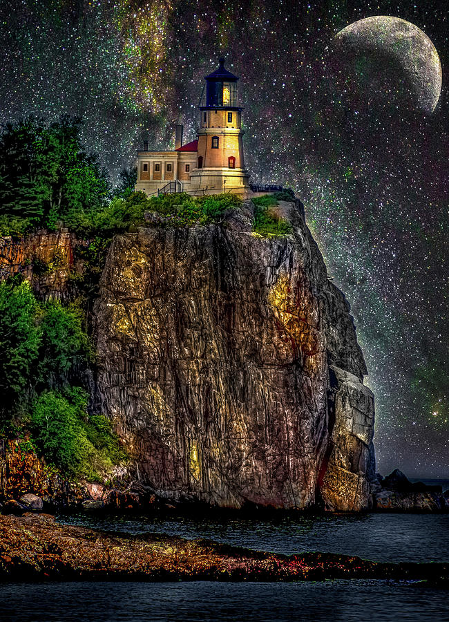 Starry Night At Split Rock Lighthouse Mixed Media