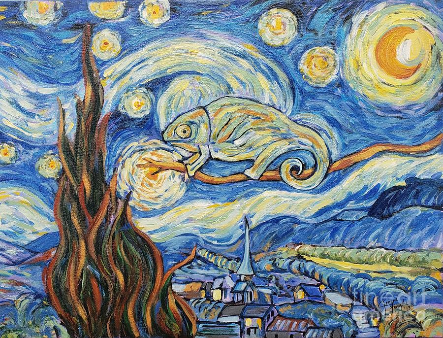 Starry Night Chameleon, A Tribute to Van Gogh,  Painting by Jeanne Forsythe