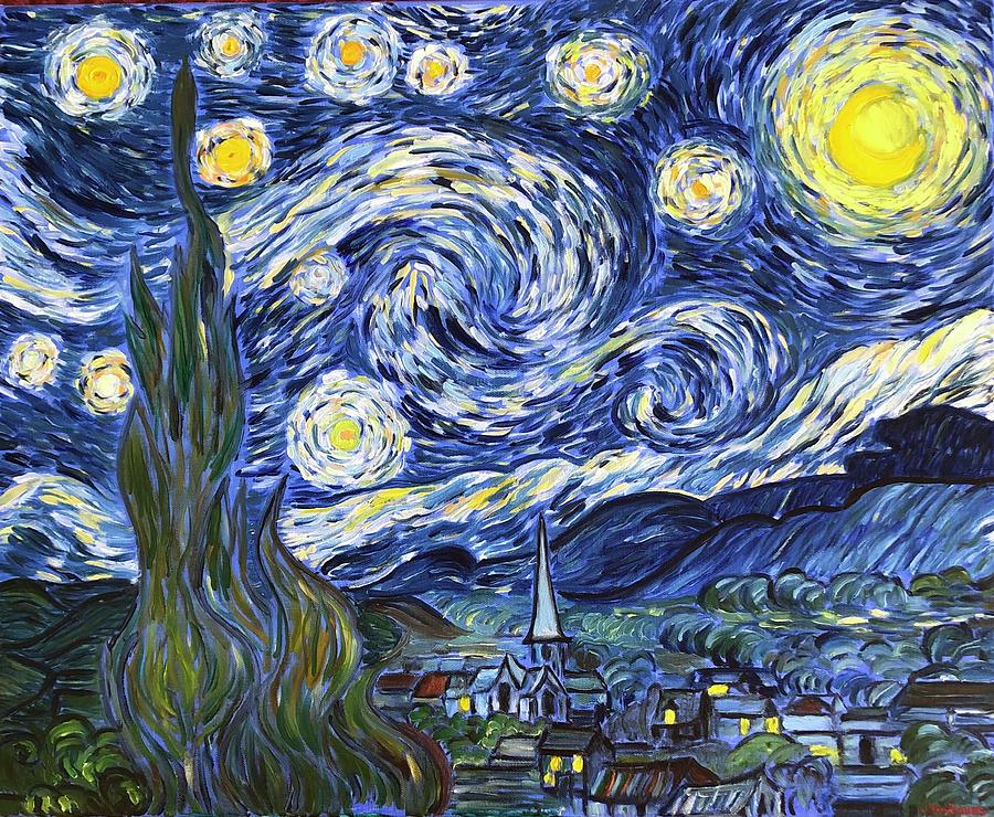 Starry night copy of Van Gogh masterpiece Painting by Almira Bekeshova ...