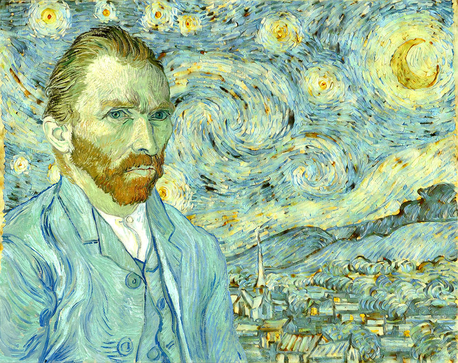 Starry Night in the colors of Van Gogh self-portrait - digital recreation Digital Art by Nicko Prints