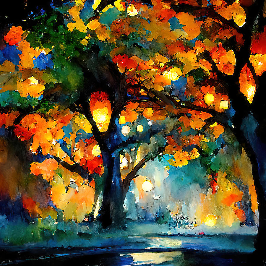 Starry night in the park, 01 Painting by AM FineArtPrints