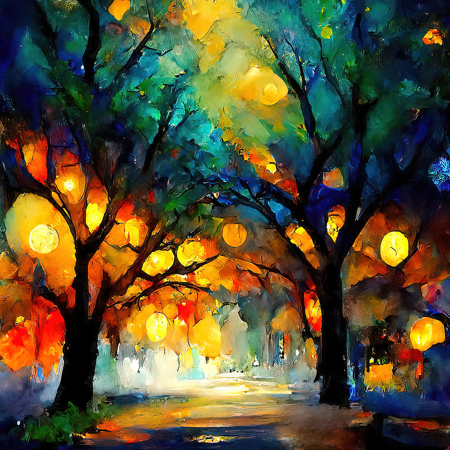 Starry night in the park, 02 Painting by AM FineArtPrints