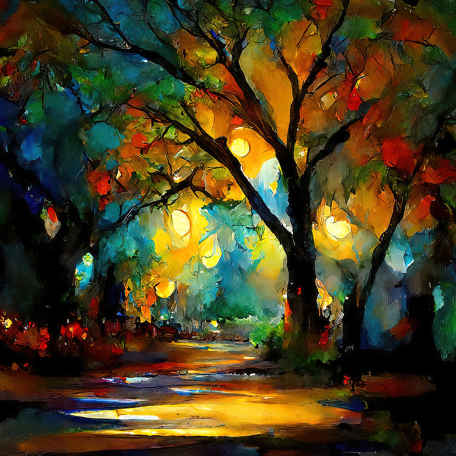 Starry night in the park, 03 Painting by AM FineArtPrints
