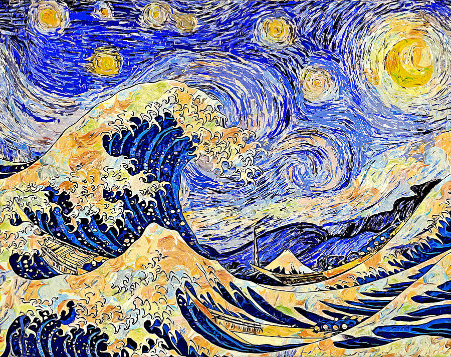 Starry Night over The Great Wave off Kanagawa - colorful digital recreation Digital Art by Nicko Prints