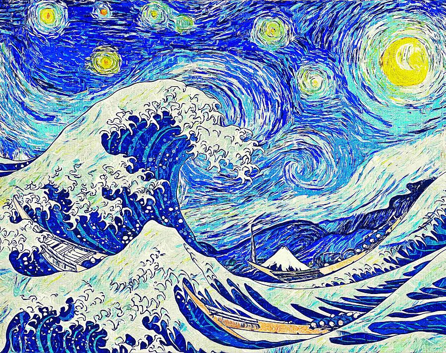 Starry Night over The Great Wave off Kanagawa - impressionist painting  Digital Art by Nicko Prints