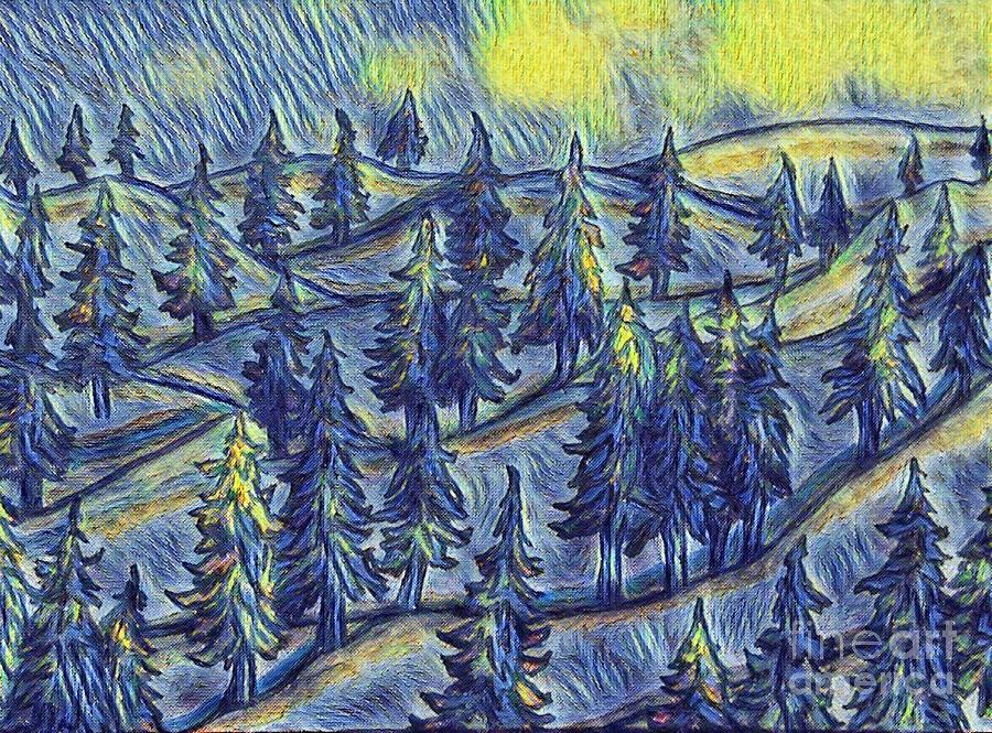 Starry Night Pine Tree Valley Painting by Bradley Boug