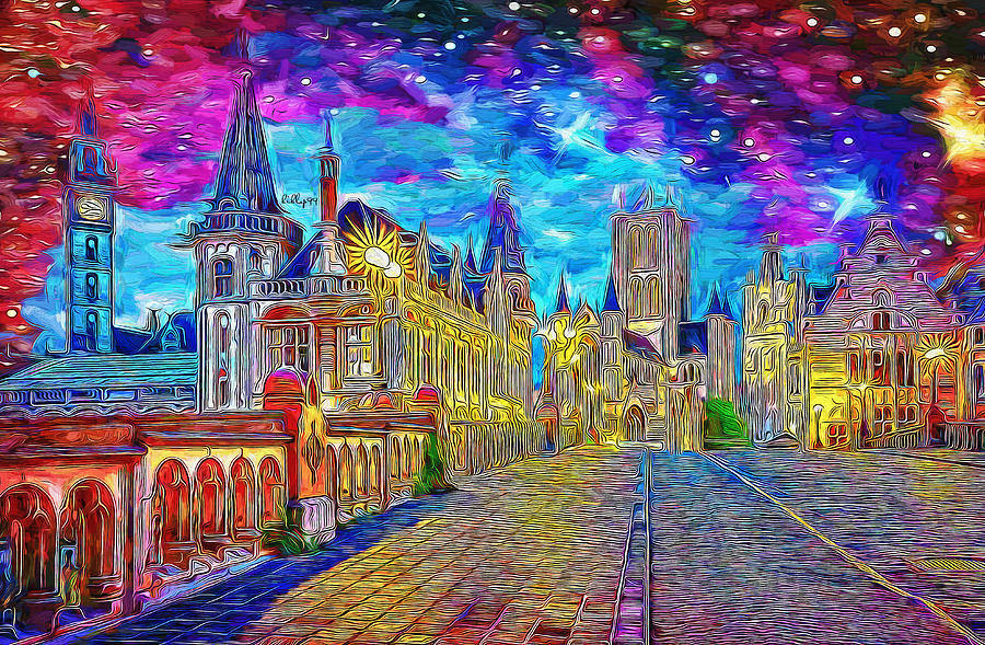 Starry night in Ghent - Belgium Painting by Nenad Vasic