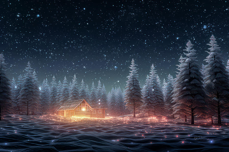 Starry Serenity at the Snowbound Cabin Digital Art by Bill Posner