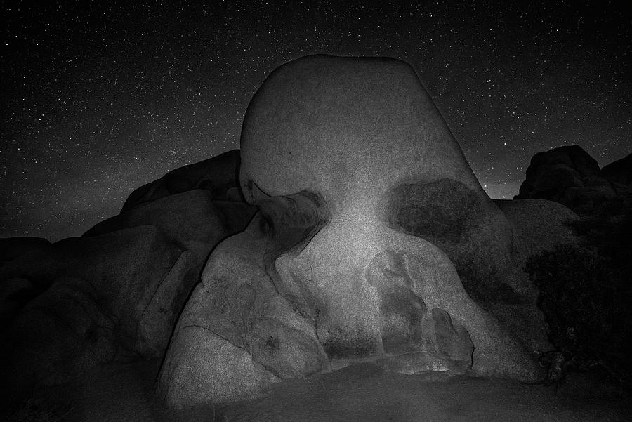 Starry Sky over Skull Rock in Joshua Tree California Black and White Photograph by Toby McGuire