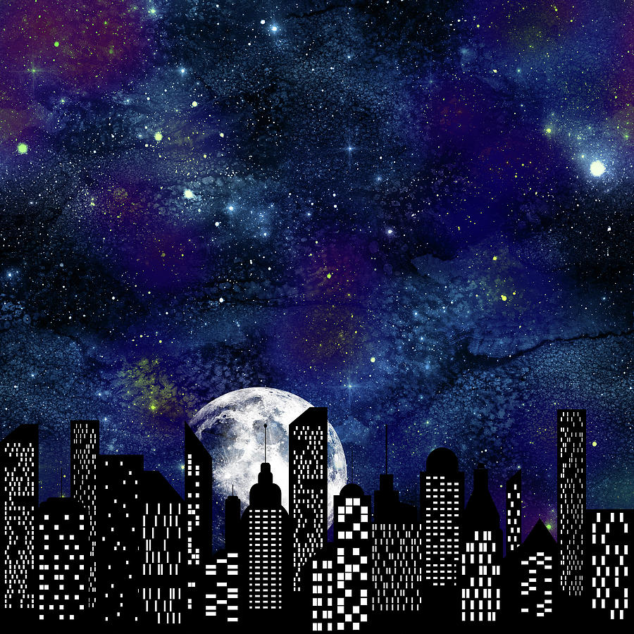 Starry Skyline Neck Gator Full Moon City Skyline Digital Art by Stacy ...