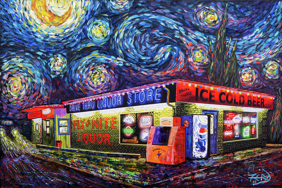 Starry Starry Fly by Nite Drive Thru Liquor Store Mixed Media by Robert FERD Frank
