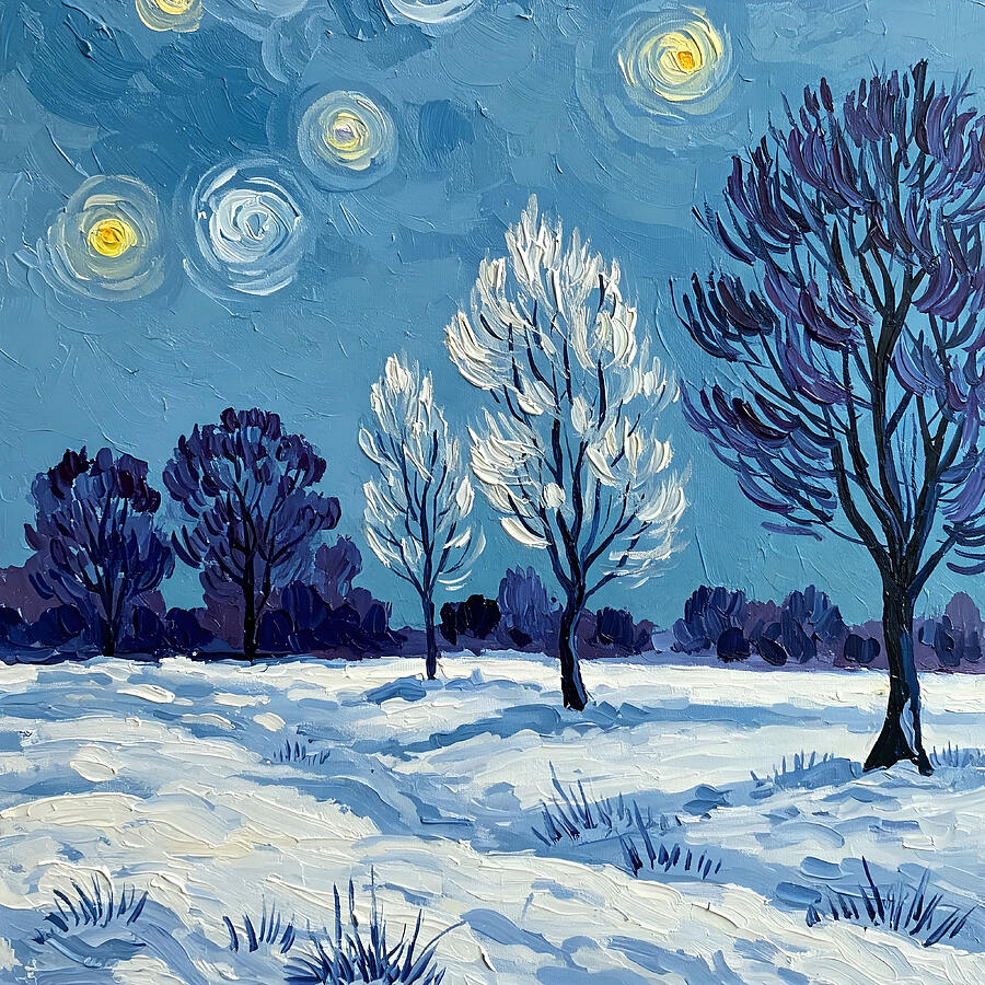 Starry Winter Night Painting by Alex Mir Starry Winter Night Painting by Alex Mir