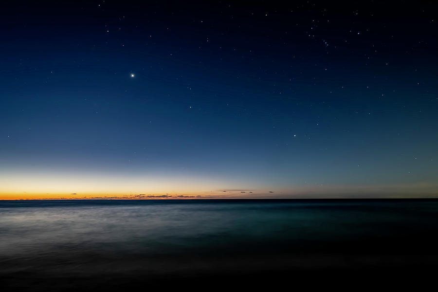 Stars and Lake Michgan at dawn Photograph by Sven Brogren