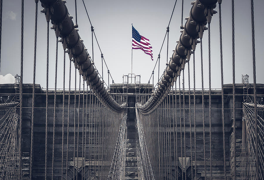Stars and stripes above Brooklyn bridge Photograph by Jean-Luc Farges