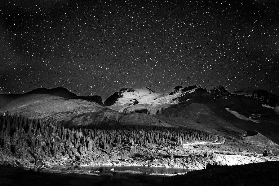 Stars over the Athabasca Glacier Alberta Canada Banff National Park Jasper National Park BW Photograph by Toby McGuire
