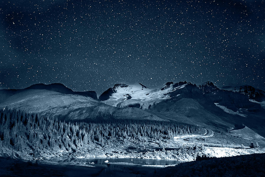 Stars over the Athabasca Glacier Alberta Canada Banff National Park Jasper National Park Mono Blue Photograph by Toby McGuire
