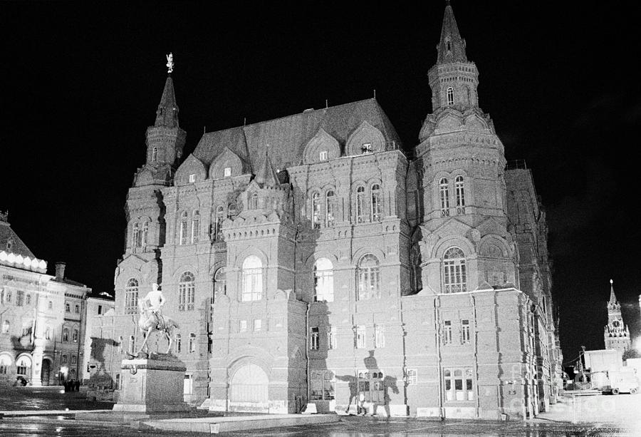Moscow Photograph - State History Museum and statue of Field Marshal Zhukov at night taken from the shopping mall in Man by Joe Fox