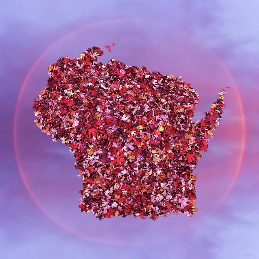 State Map of Wisconsin in brilliant red fall leaves and rainbow background Photograph by Peter Herman