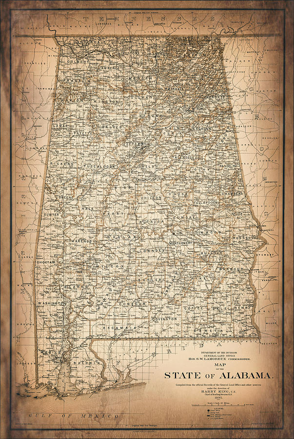 State of Alabama Vintage Map 1895 Sepia  Photograph by Carol Japp